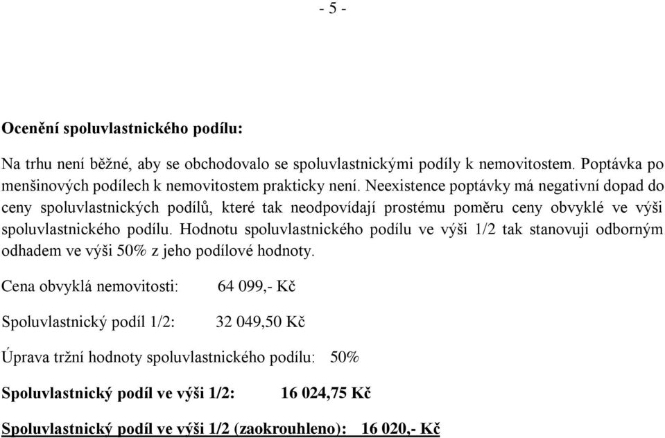 Neexistence poptávky má negativní dopad do ceny spoluvlastnických podílů, které tak neodpovídají prostému poměru ceny obvyklé ve výši spoluvlastnického podílu.