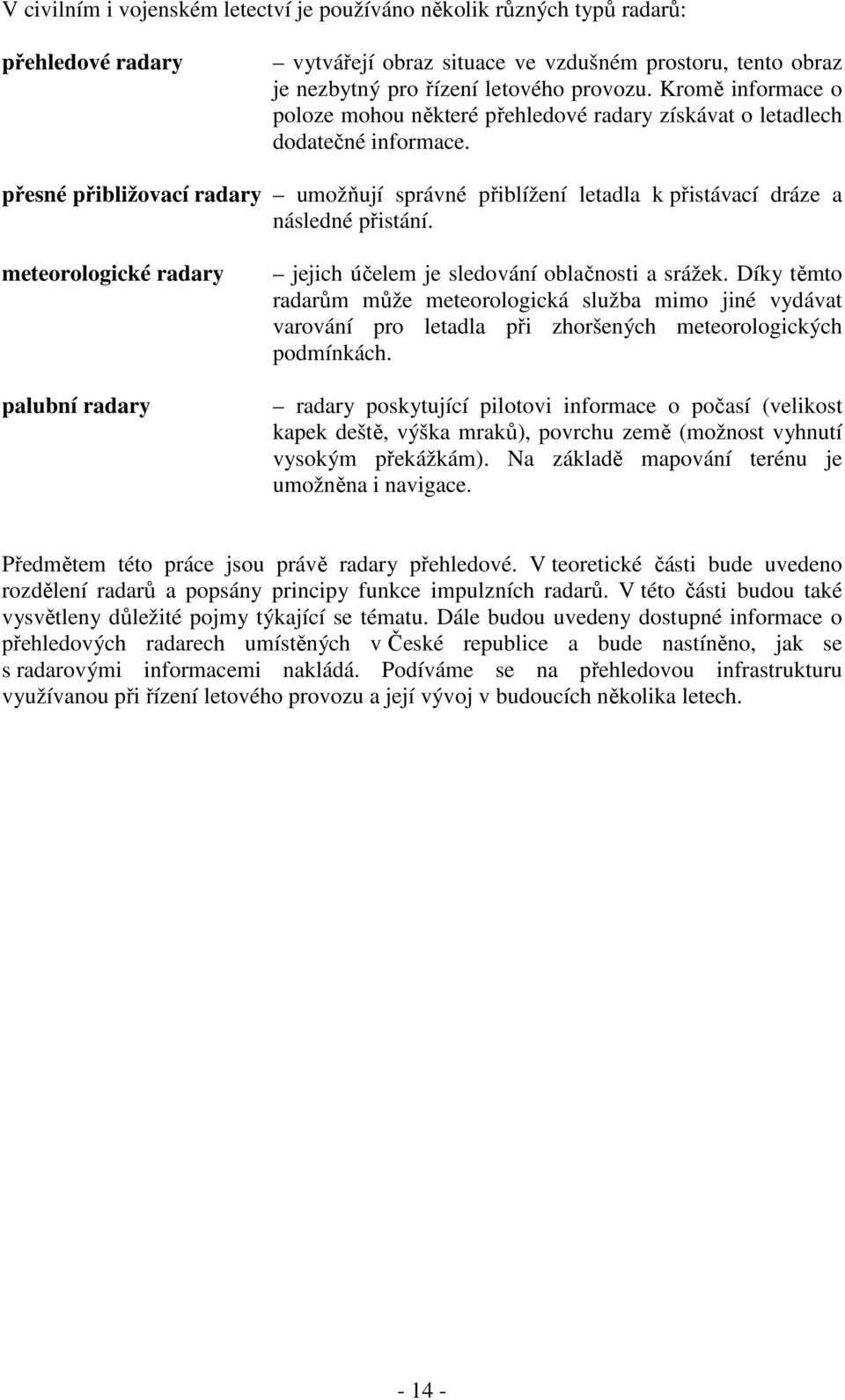 přesné přibližovací radary umožňují správné přiblížení letadla k přistávací dráze a následné přistání. meteorologické radary palubní radary jejich účelem je sledování oblačnosti a srážek.