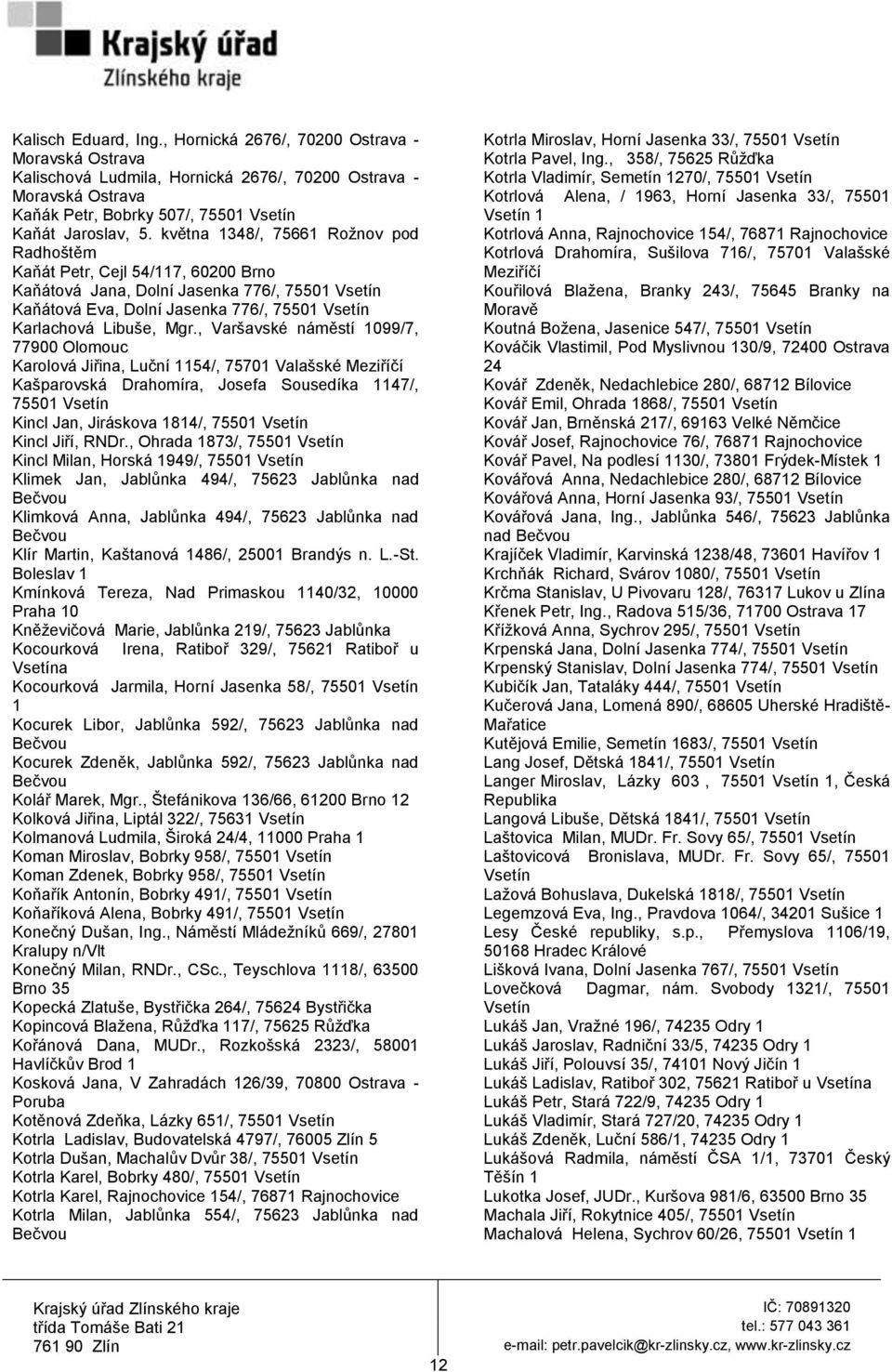 , Varšavské náměstí 1099/7, 77900 Olomouc Karolová Jiřina, Luční 1154/, 75701 Valašské Kašparovská Drahomíra, Josefa Sousedíka 1147/, 75501 Kincl Jan, Jiráskova 1814/, 75501 Kincl Jiří, RNDr.