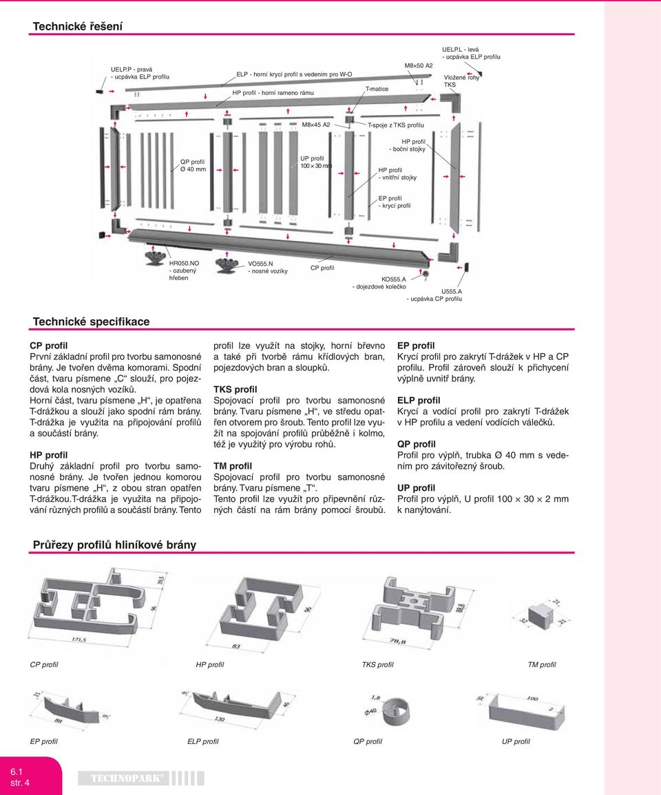 NO - ozubený hřeben VO555.N - nosné vozíky CP profil KO555.A - dojezdové kolečko U555.A - ucpávka CP profilu Technické specifikace CP profil První základní profil pro tvorbu samonosné brány.