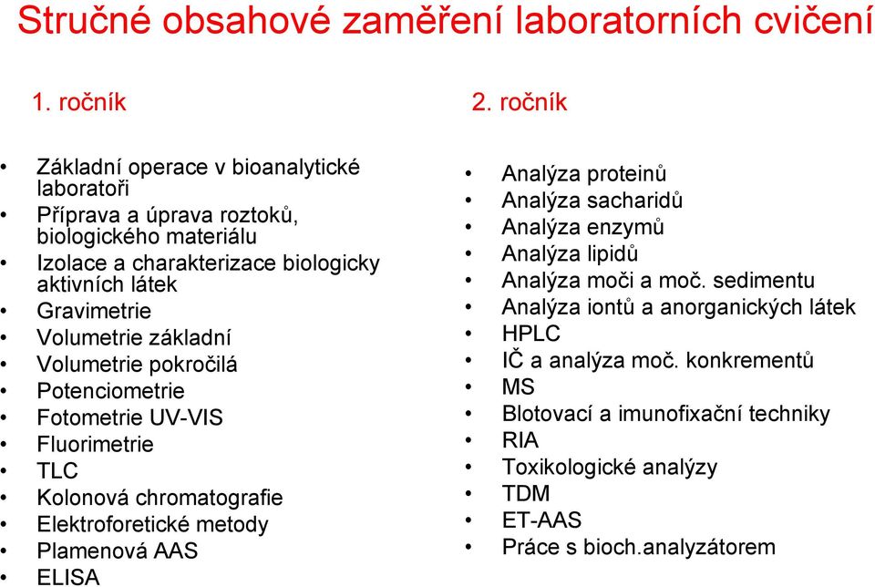 Gravimetrie Volumetrie základní Volumetrie pokročilá Potenciometrie Fotometrie UV-VIS Fluorimetrie TLC Kolonová chromatografie Elektroforetické metody Plamenová