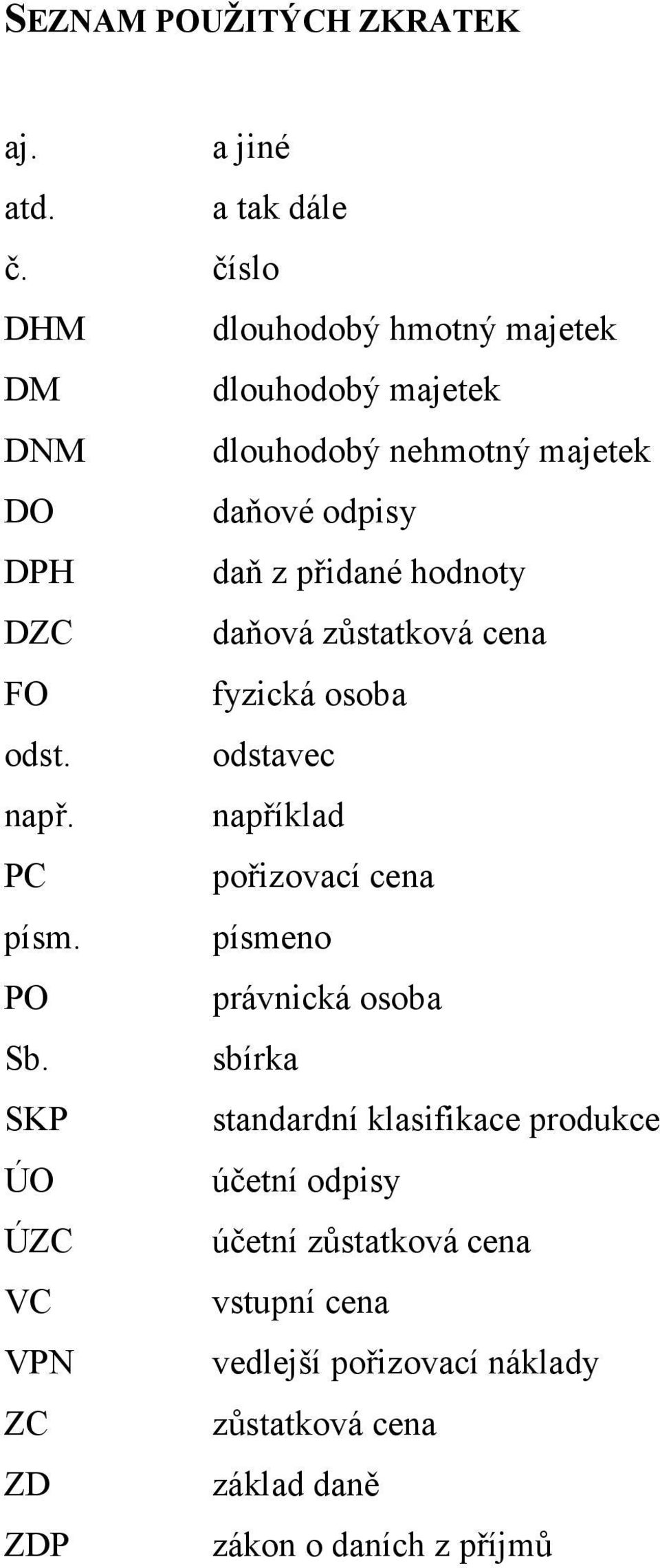 hodnoty DZC daňová zůstatková cena FO fyzická osoba odst. odstavec např. například PC pořizovací cena písm.