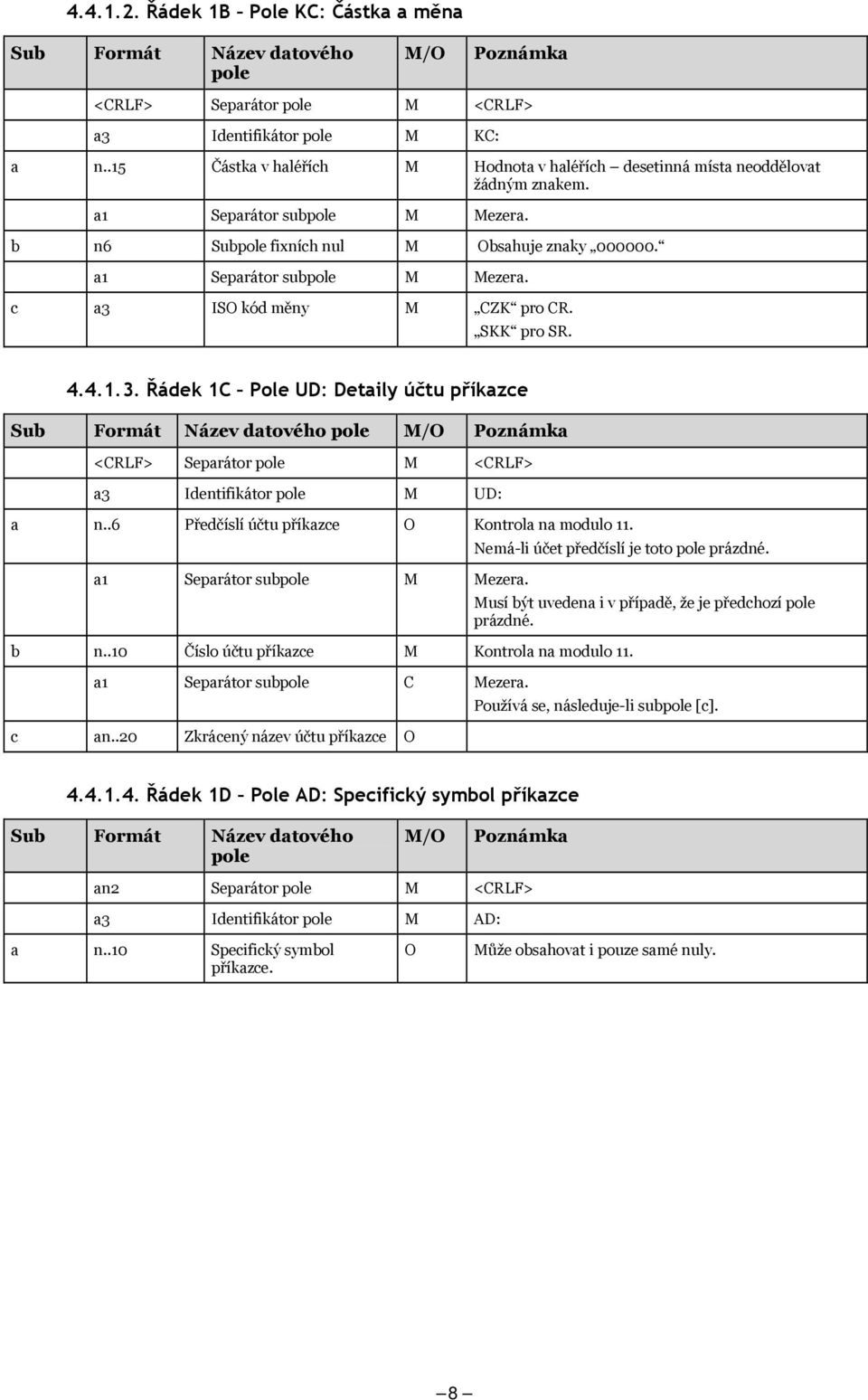 .6 Předčíslí účtu příkazce Kontrola na modulo 11. Nemá-li účet předčíslí je toto prázdné. a1 Separátor sub M Mezera. Musí být uvedena i v případě, že je předchozí prázdné. b n.