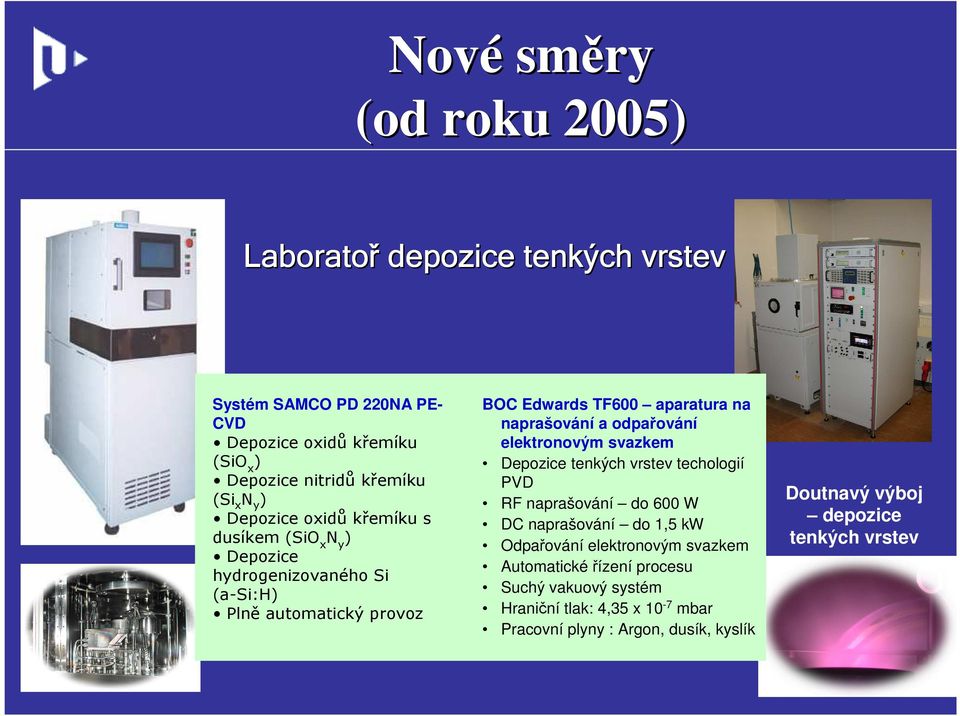 a odpařování elektronovým svazkem Depozice tenkých vrstev techologií PVD RF naprašování do 600 W DC naprašování do 1,5 kw Odpařování elektronovým svazkem