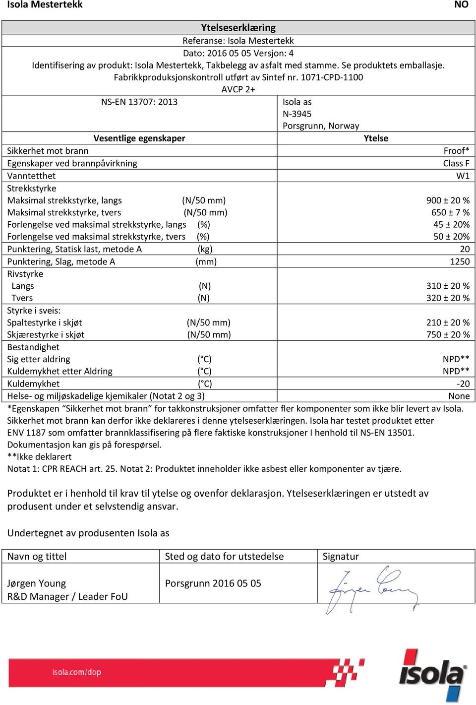 1071-CPD-1100 AVCP 2+ Vesentlige egenskaper Ytelse Sikkerhet mot brann Egenskaper ved brannpåvirkning Class F Vanntetthet Strekkstyrke Maksimal strekkstyrke, langs Maksimal strekkstyrke, tvers