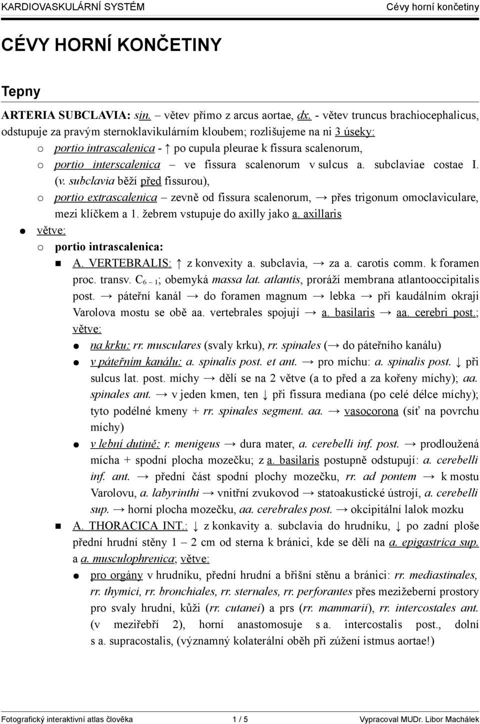 fissura scalenorum v sulcus a. subclaviae costae I. (v. subclavia běží před fissurou), portio extrascalenica zevně od fissura scalenorum, přes trigonum omoclaviculare, mezi klíčkem a 1.