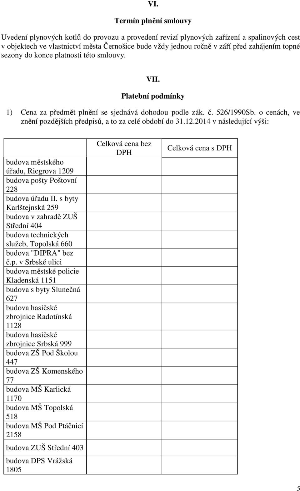 o cenách, ve znění pozdějších předpisů, a to za celé období do 31.12.2014 v následující výši: budova městského úřadu, Riegrova 1209 budova pošty Poštovní 228 budova úřadu II.