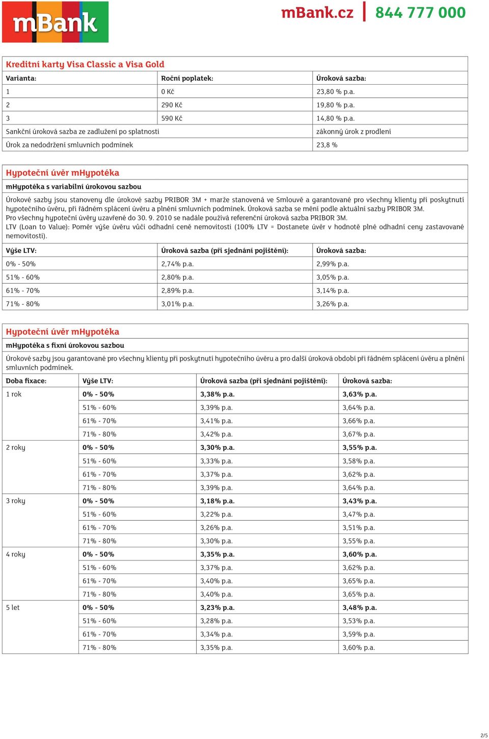 Classic a Visa Gold Varianta: Roční poplatek: Úroková sazba: 1 0 Kč 23,80 % p.a. 2 290 Kč 19,80 % p.a. 3 590 Kč 14,80 % p.a. Úrok za nedodržení smluvních podmínek 23,8 % mhypotéka s variabilní