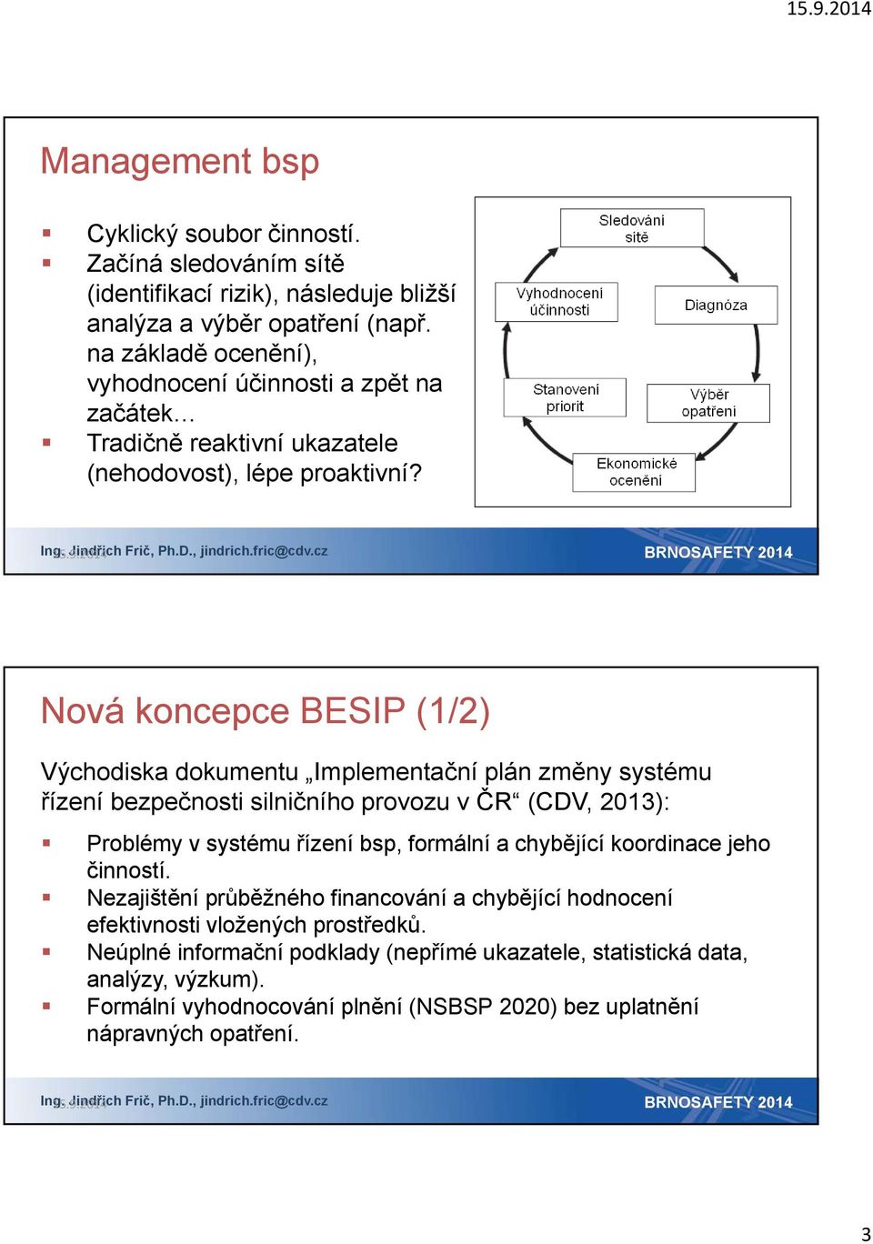 Nová koncepce BESIP (1/2) Východiska dokumentu Implementační plán změny systému řízení bezpečnosti silničního provozu v ČR (CDV, 2013): Problémy v systému řízení bsp, formální a