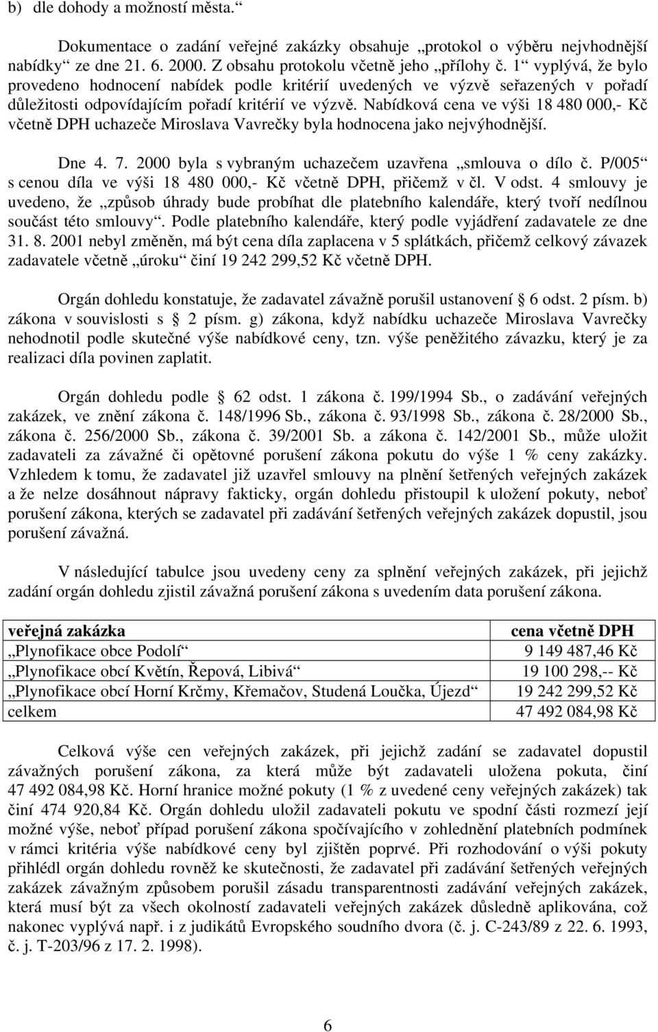 Nabídková cena ve výši 18 480 000,- Kč včetně DPH uchazeče Miroslava Vavrečky byla hodnocena jako nejvýhodnější. Dne 4. 7. 2000 byla s vybraným uchazečem uzavřena smlouva o dílo č.