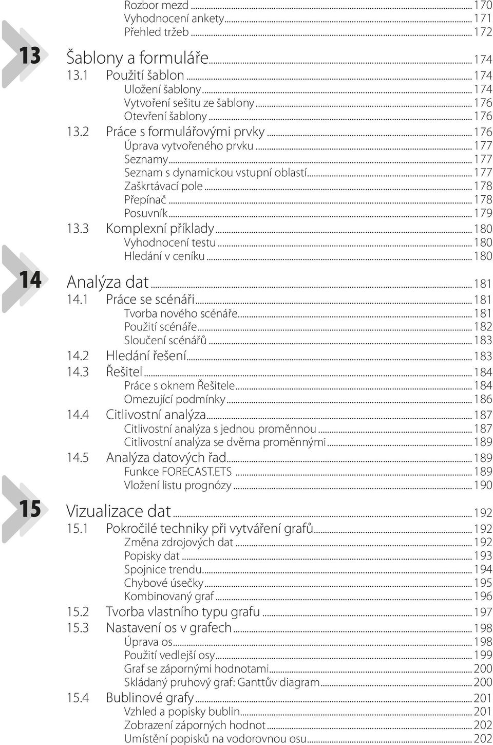 3 Komplexní příklady... 180 Vyhodnocení testu... 180 Hledání v ceníku... 180 14 Analýza dat... 181 14.1 Práce se scénáři... 181 Tvorba nového scénáře... 181 Použití scénáře... 182 Sloučení scénářů.