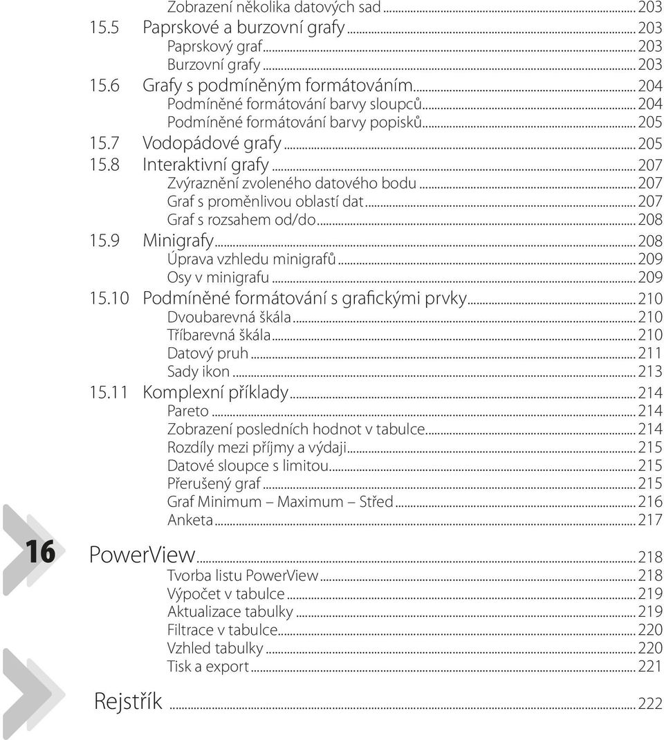 .. 207 Graf s rozsahem od/do... 208 15.9 Minigrafy... 208 Úprava vzhledu minigrafů... 209 Osy v minigrafu... 209 15.10 Podmíněné formátování s grafickými prvky... 210 Dvoubarevná škála.