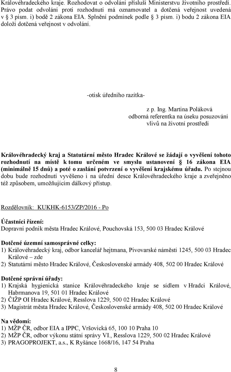 Martina Poláková odborná referentka na úseku posuzování vlivů na životní prostředí Královéhradecký kraj a Statutární město Hradec Králové se žádají o vyvěšení tohoto rozhodnutí na místě k tomu