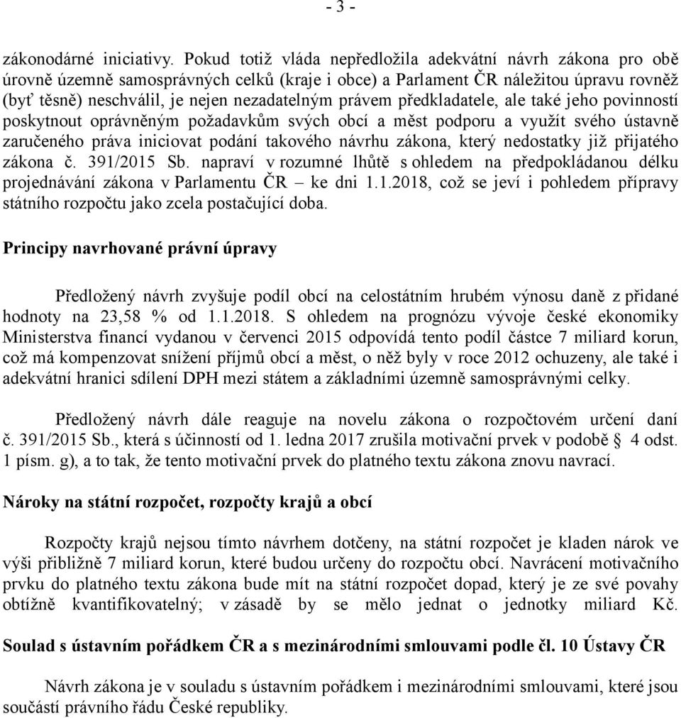 právem předkladatele, ale také jeho povinností poskytnout oprávněny m požadavkům svy ch obcí a měst podporu a využít svého ústavně zaručeného práva iniciovat podání takového návrhu zákona, ktery