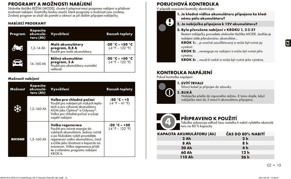 Kapacita akumulátoru (Ah) Vysvětlení Rozsah teploty 1,2 14 Ah Malé akumulátory program, 0,8 A Použití pro malé akumulátory.