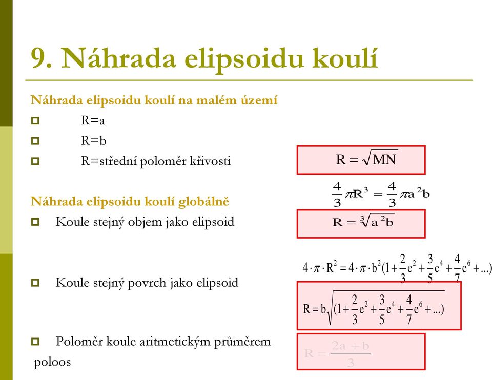 Koule stejný povrch jako elipsoid Poloměr koule aritmetickým průměrem poloos MN R 3 3