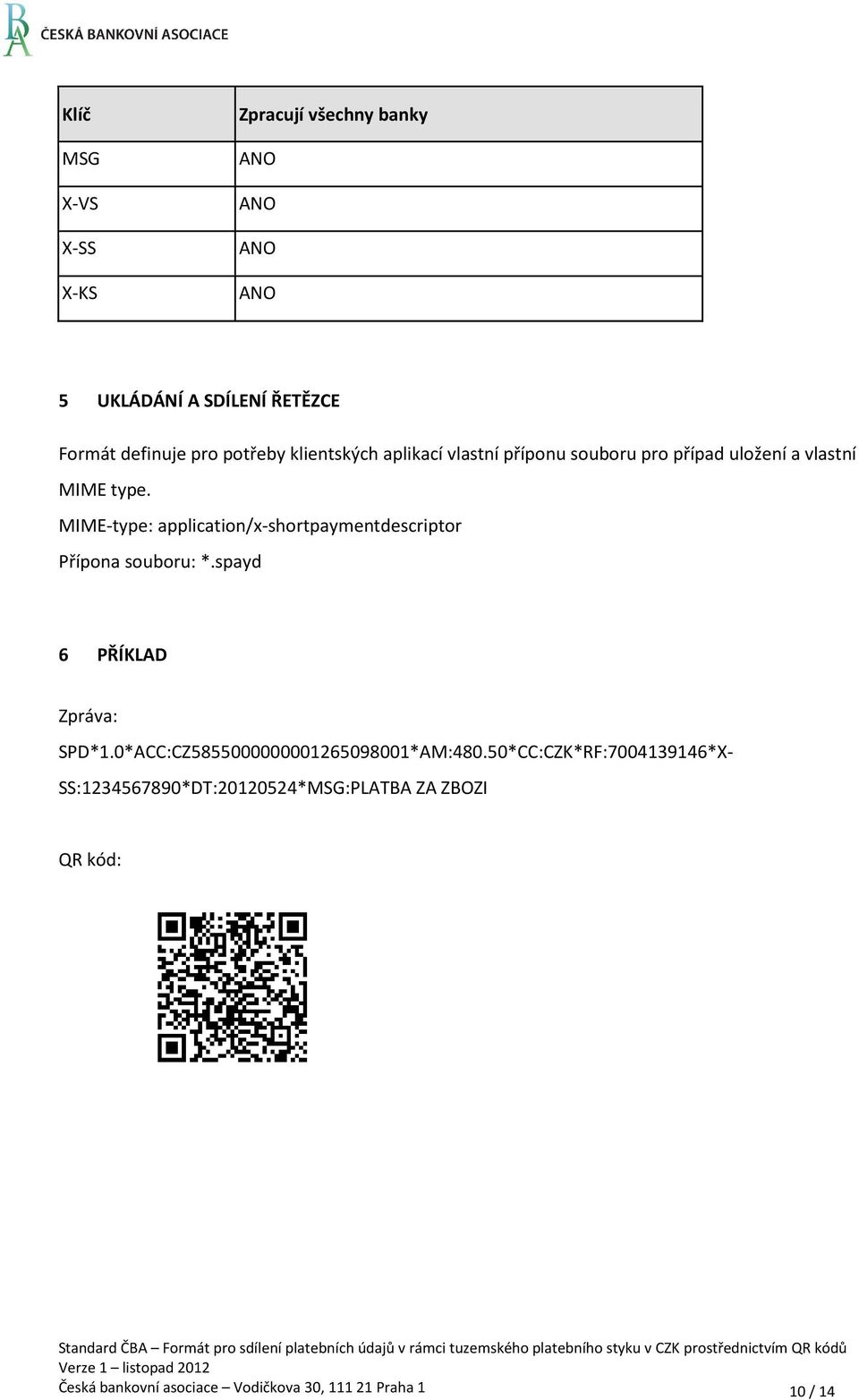 MIME-type: application/x-shortpaymentdescriptor Přípona souboru: *.spayd 6 PŘÍKLAD Zpráva: SPD*1.