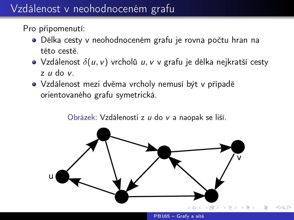 Vzdálenost δ(u, v) vrcholů u, v v grafu je délka nejkratší cesty z u do v.