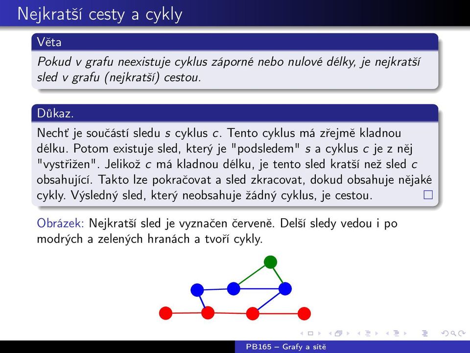 Jelikož c má kladnou délku, je tento sled kratší než sled c obsahující. Takto lze pokračovat a sled zkracovat, dokud obsahuje nějaké cykly.