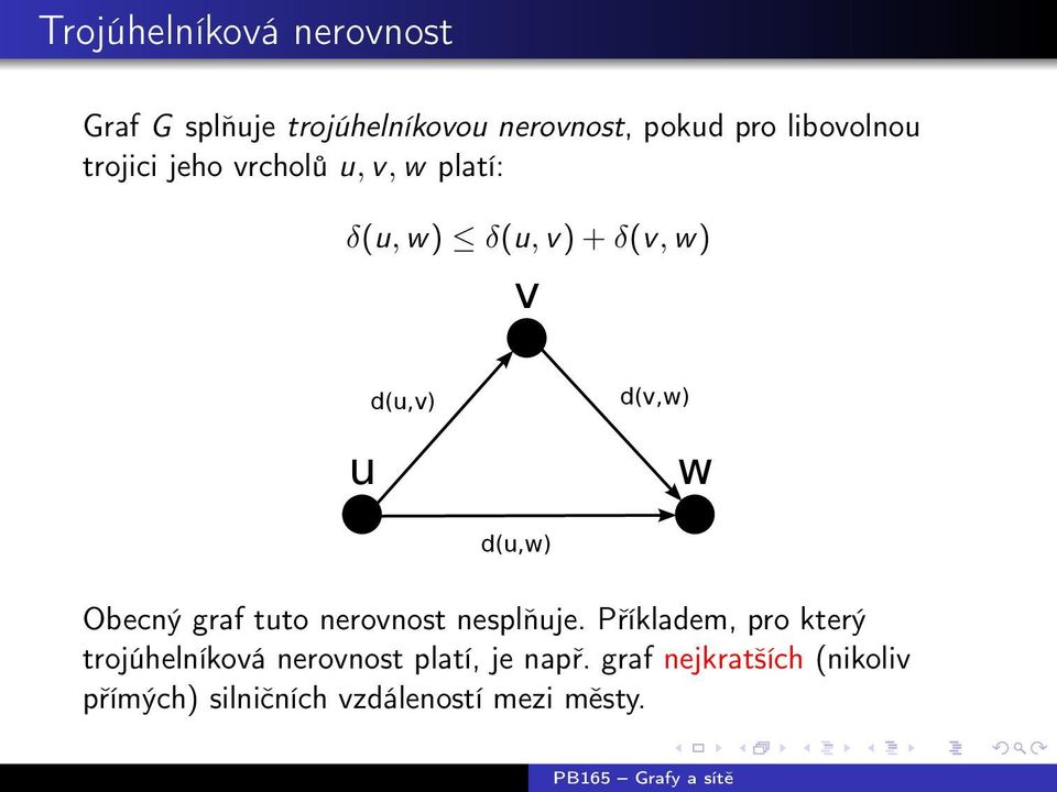 d(v,w) w d(u,w) Obecný graf tuto nerovnost nesplňuje.