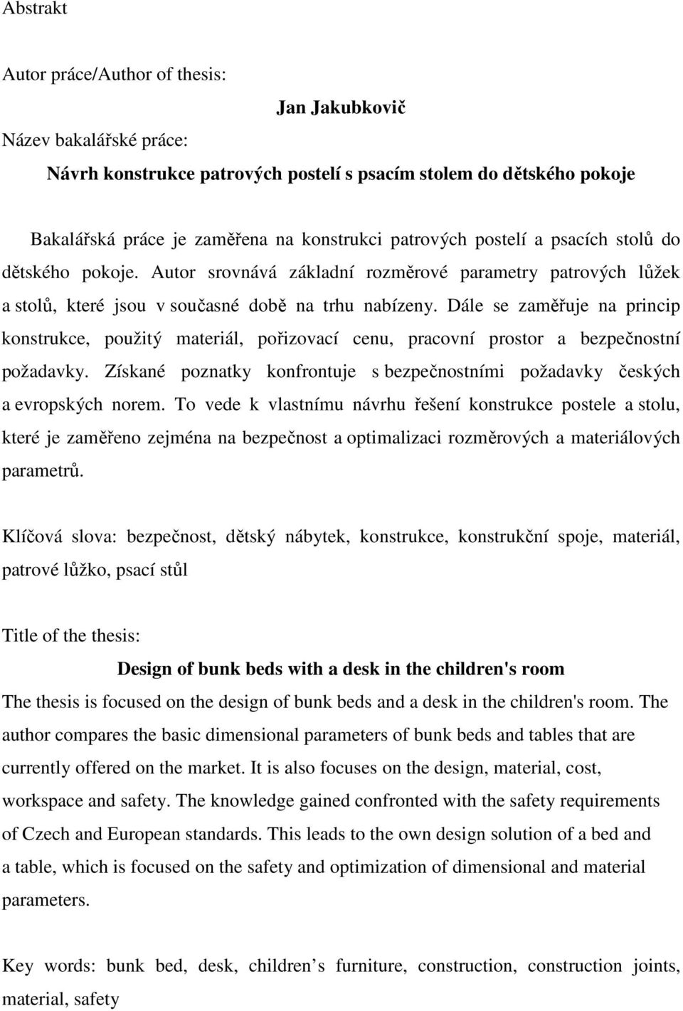 Návrh konstrukce patrových postelí s psacím stolem do dětského pokoje - PDF  Stažení zdarma