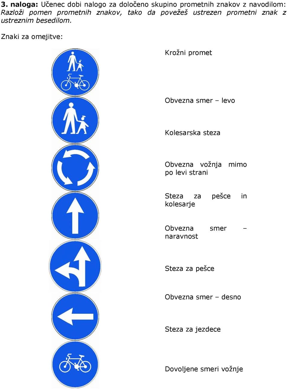 Znaki za omejitve: Krožni promet Obvezna smer levo Kolesarska steza Obvezna vožnja mimo po levi