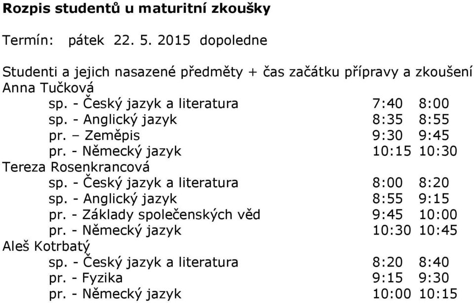 - Český jazyk a literatura 8:00 8:20 sp. - Anglický jazyk 8:55 9:15 pr.