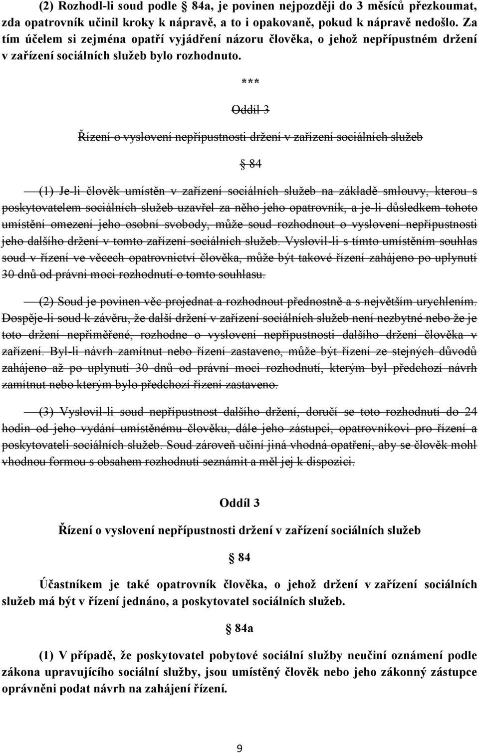 Oddíl 3 Řízení o vyslovení nepřípustnosti držení v zařízení sociálních služeb 84 (1) Je-li člověk umístěn v zařízení sociálních služeb na základě smlouvy, kterou s poskytovatelem sociálních služeb