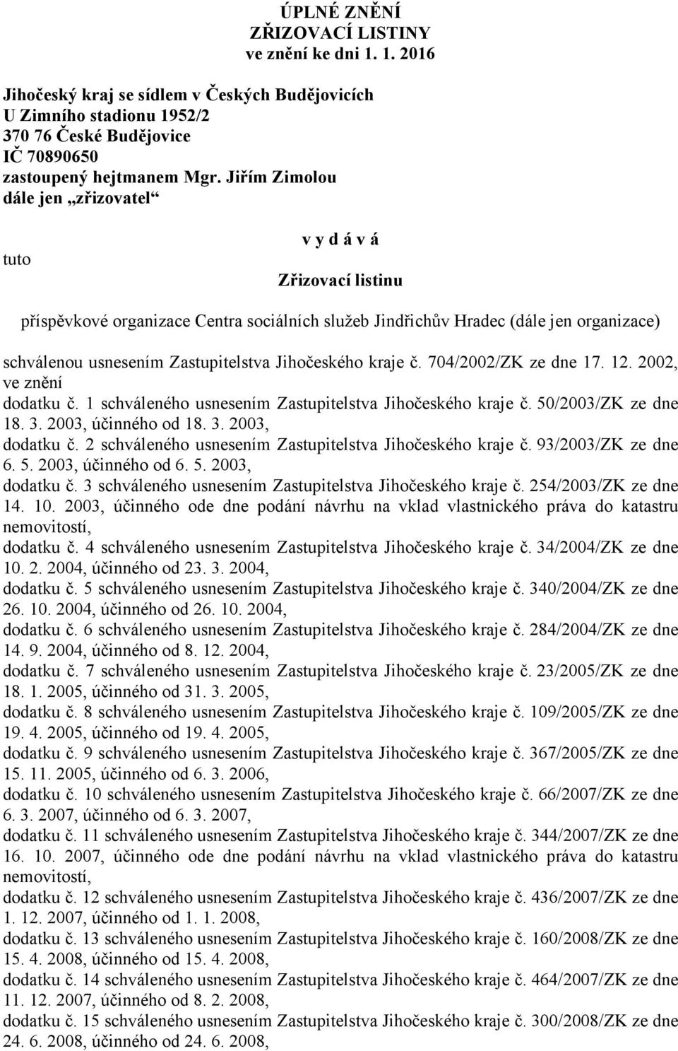 Jihočeského kraje č. 704/2002/ZK ze dne 17. 12. 2002, ve znění dodatku č. 1 schváleného usnesením Zastupitelstva Jihočeského kraje č. 50/2003/ZK ze dne 18. 3. 2003, účinného od 18. 3. 2003, dodatku č.