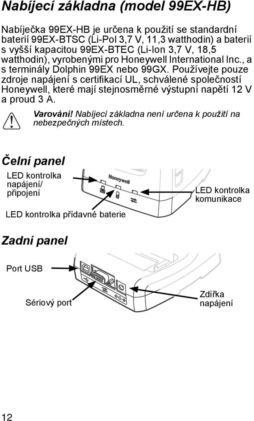 Používejte pouze zdroje napájení s certifikací UL, schválené společností Honeywell, které mají stejnosměrné výstupní napětí 12 V a proud 3 A. Varování!