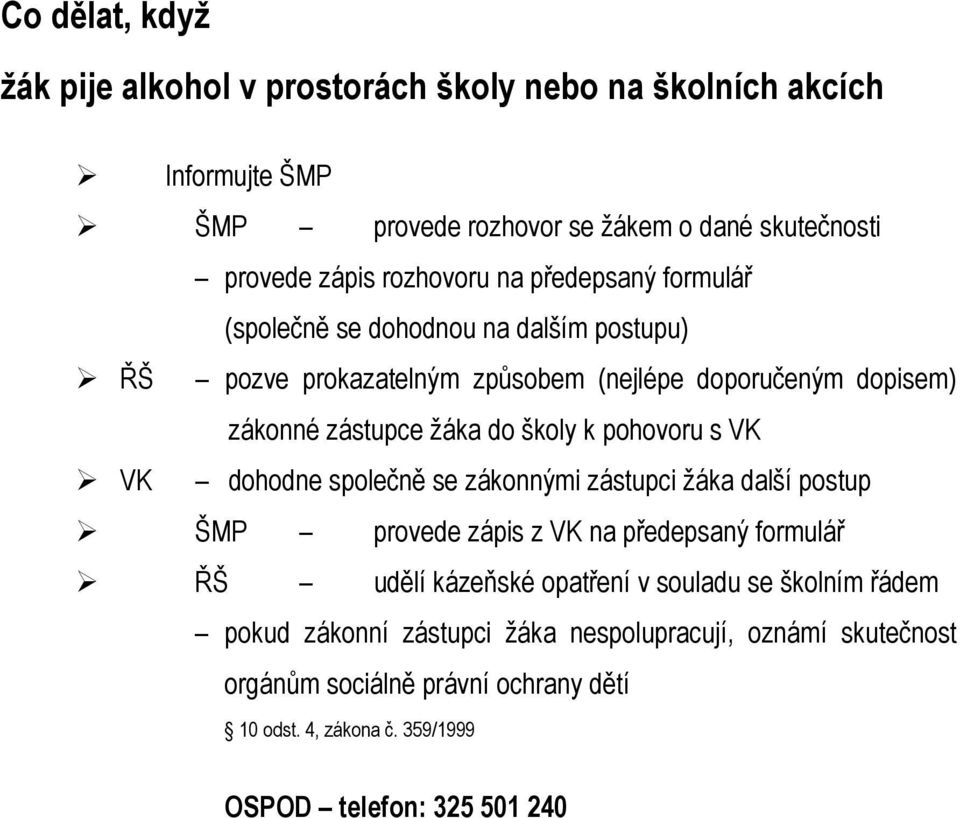 pohovoru s VK VK dohodne společně se zákonnými zástupci žáka další postup ŠMP provede zápis z VK na předepsaný formulář ŘŠ udělí kázeňské opatření v souladu se