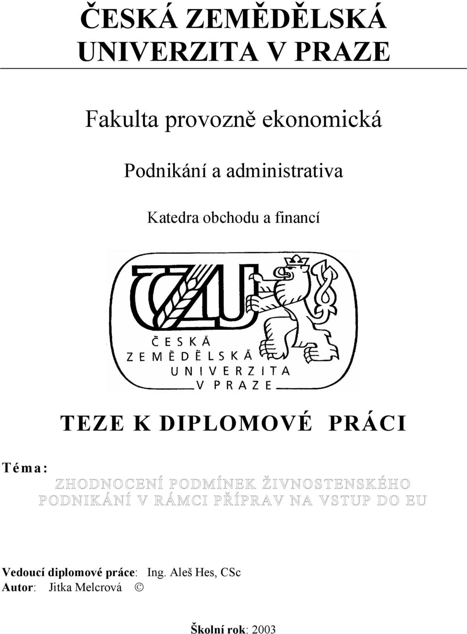 financí TEZE K DIPLOMOVÉ PRÁCI Téma: Vedoucí diplomové