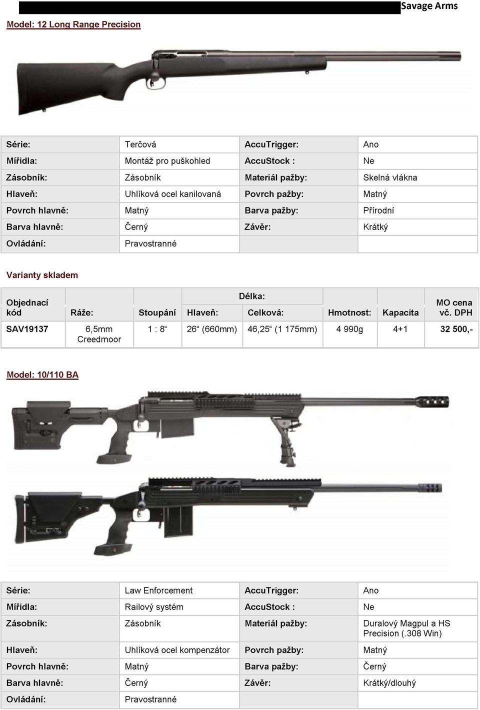 990g 4+1 32 500,- Model: 10/110 BA Serie: Law Enforcement AccuTrigger: Ano Mfridla: Railovy system AccuStock: Ne Zasobnfk: Zasobnfk Material