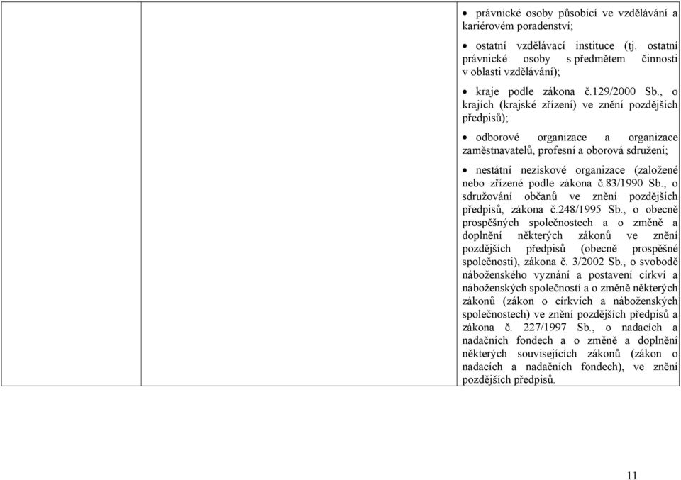 zákona č.83/1990 Sb., o sdružování občanů ve znění pozdějších předpisů, zákona č.248/1995 Sb.