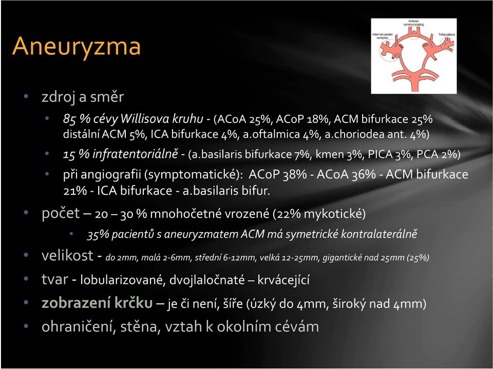 ace 7%, kmen 3%, PICA 3%, PCA 2%) při angiografii (symptomatické): ACoP 38% ACoA 36% ACM bifurkace 21% ICA bifurkace a.basilaris bifur.