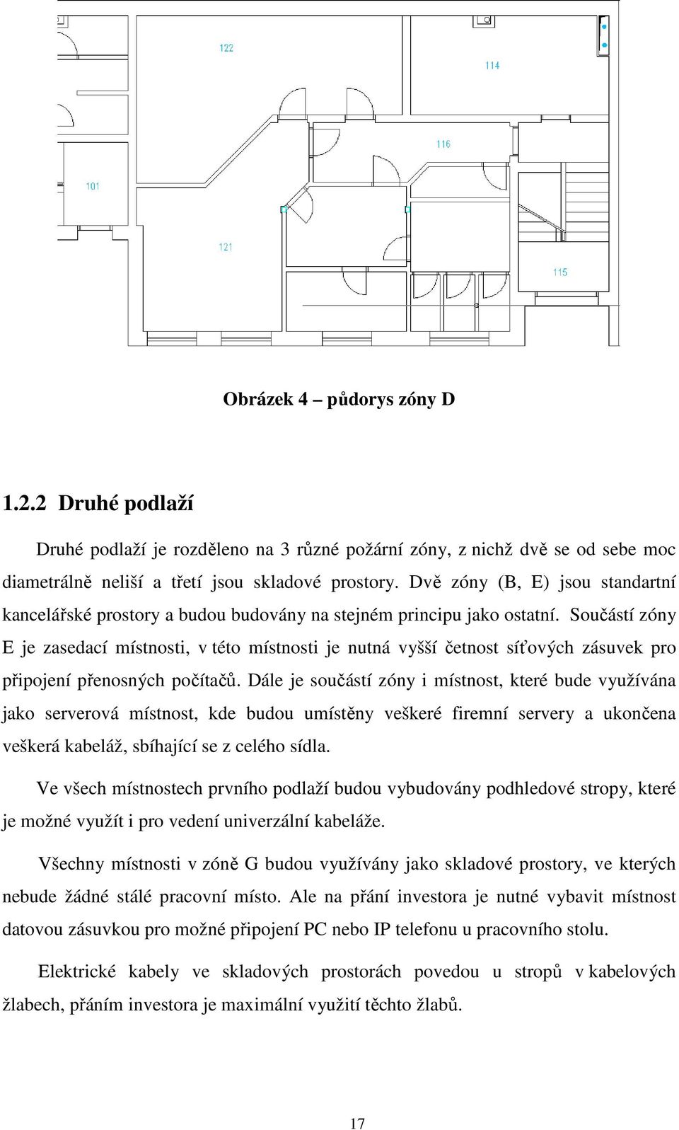 Součástí zóny E je zasedací místnosti, v této místnosti je nutná vyšší četnost síťových zásuvek pro připojení přenosných počítačů.