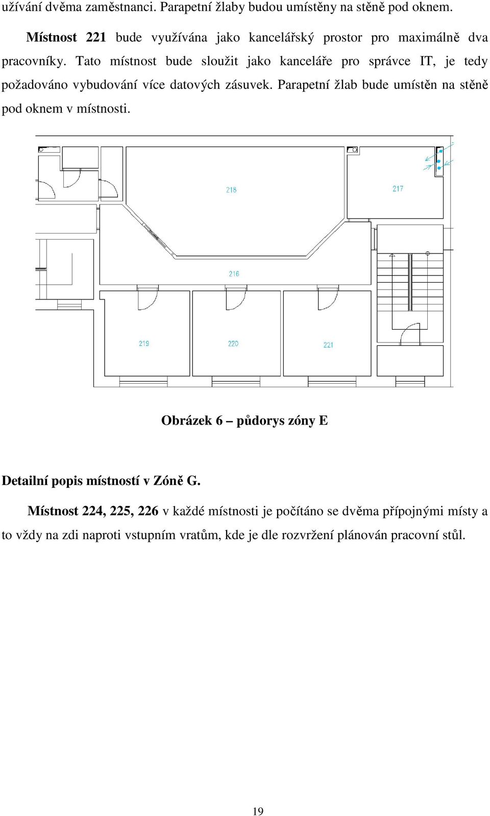 Tato místnost bude sloužit jako kanceláře pro správce IT, je tedy požadováno vybudování více datových zásuvek.