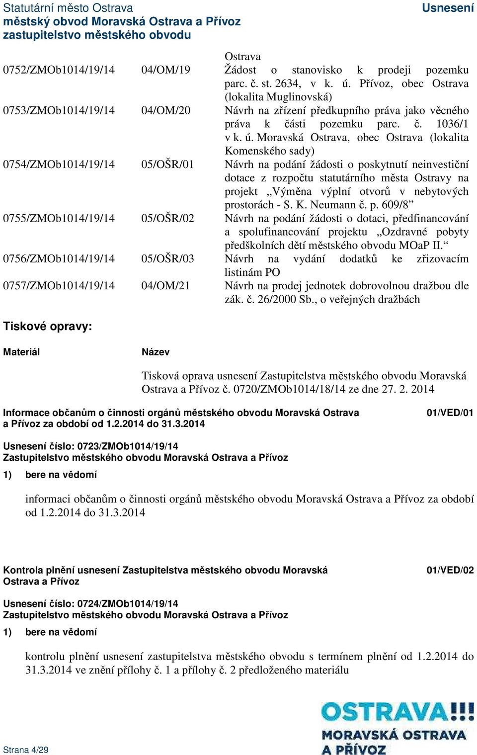 Moravská Ostrava, obec Ostrava (lokalita Komenského sady) 0754/ZMOb1014/19/14 05/OŠR/01 Návrh na podání žádosti o poskytnutí neinvestiční dotace z rozpočtu statutárního města Ostravy na projekt