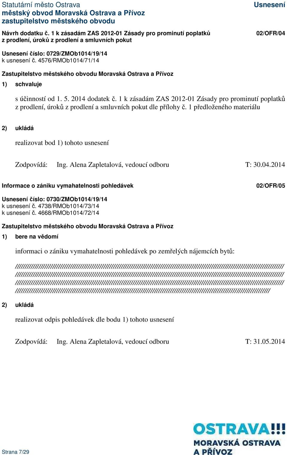 1 předloženého materiálu 2) ukládá realizovat bod 1) tohoto usnesení Zodpovídá: Ing. Alena Zapletalová, vedoucí odboru T: 30.04.