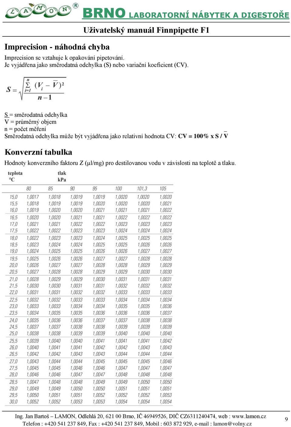 S = směrodatná odchylka V = průměrný objem n = počet měření _ Směrodatná odchylka může být vyjádřena