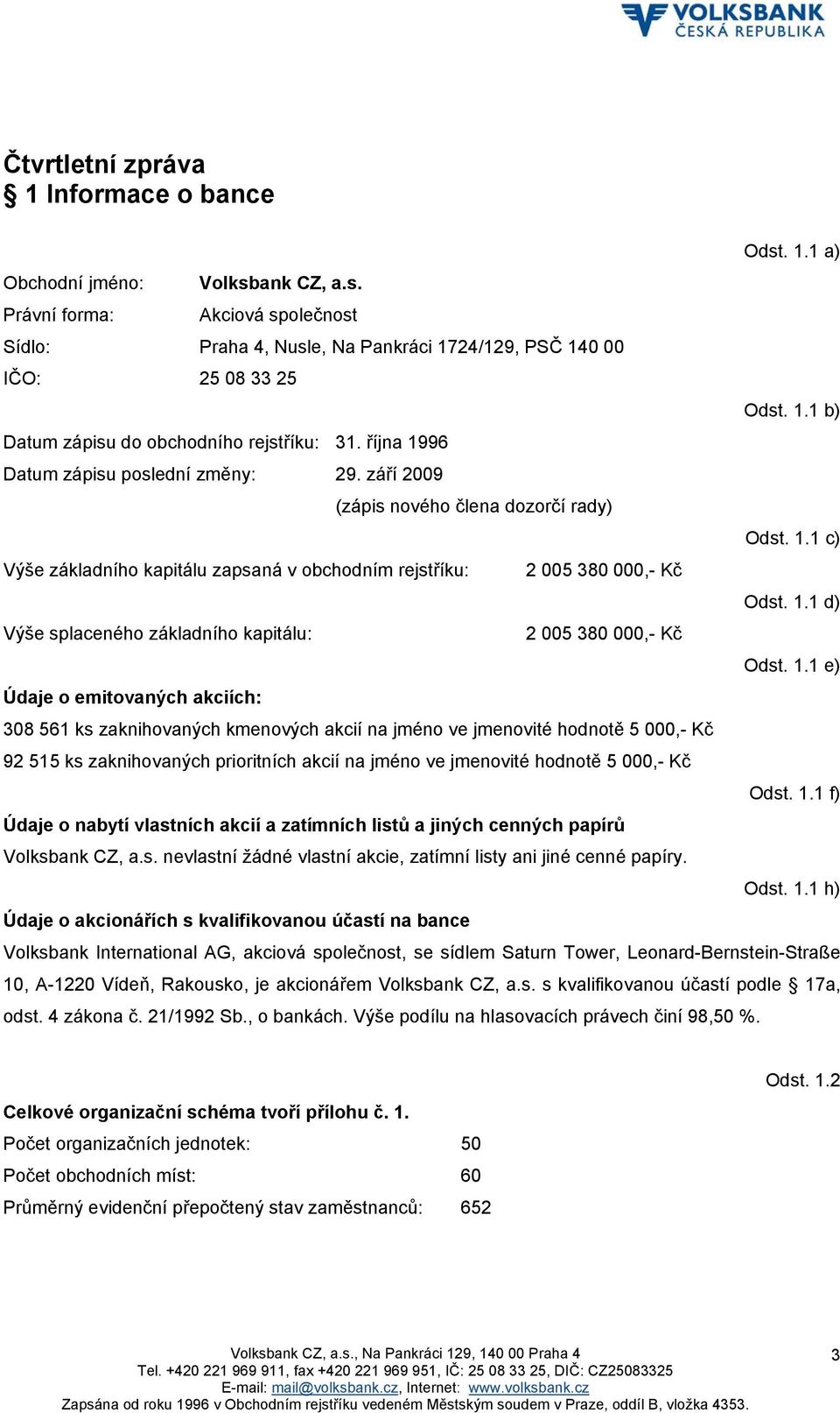 1.1 e) Údaje o emitovaných akciích: 308 561 ks zaknihovaných kmenových akcií na jméno ve jmenovité hodnotě 5 000,- Kč 92 515 ks zaknihovaných prioritních akcií na jméno ve jmenovité hodnotě 5 000,-