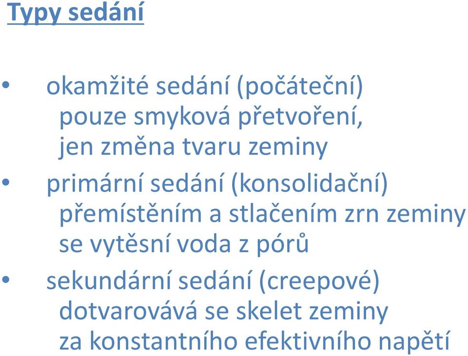 zrn zeminy se vytěsní voda z pórů sekundární sedání (creepové)