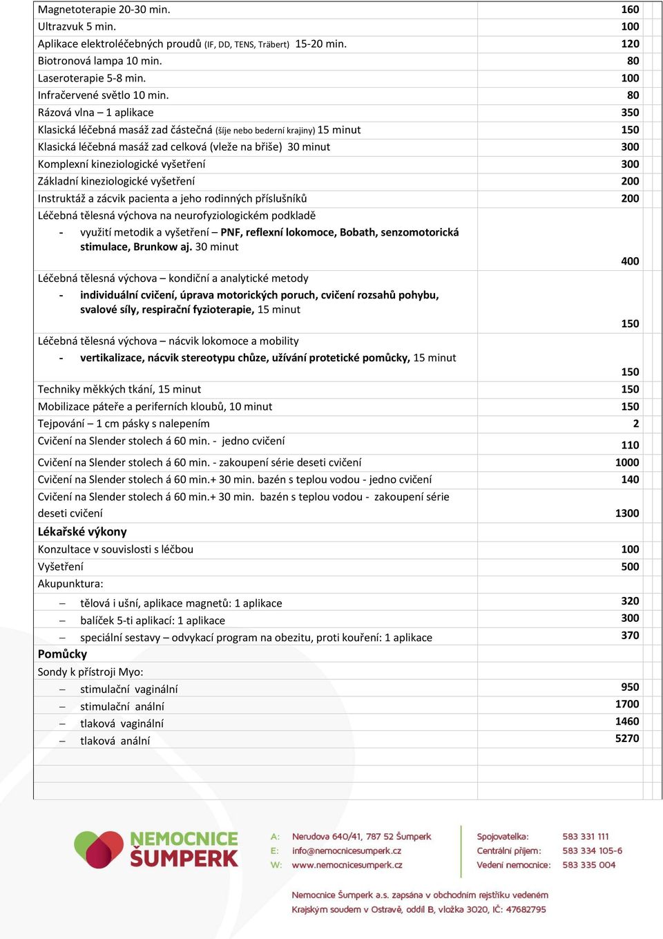80 Rázová vlna 1 aplikace 350 Klasická léčebná masáž zad částečná (šíje nebo bederní krajiny) 15 minut 150 Klasická léčebná masáž zad celková (vleže na břiše) 30 minut 300 Komplexní kineziologické
