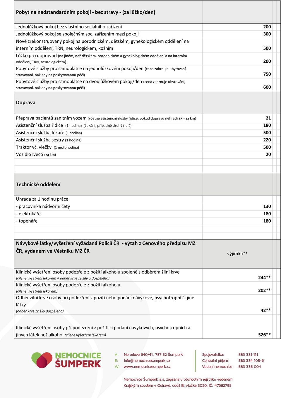 porodnickém a gynekologickém oddělení a na interním oddělení, TRN, neurologickém) 200 Pobytové služby pro samoplátce na jednolůžkovém pokoji/den (cena zahrnuje ubytování, stravování, náklady na