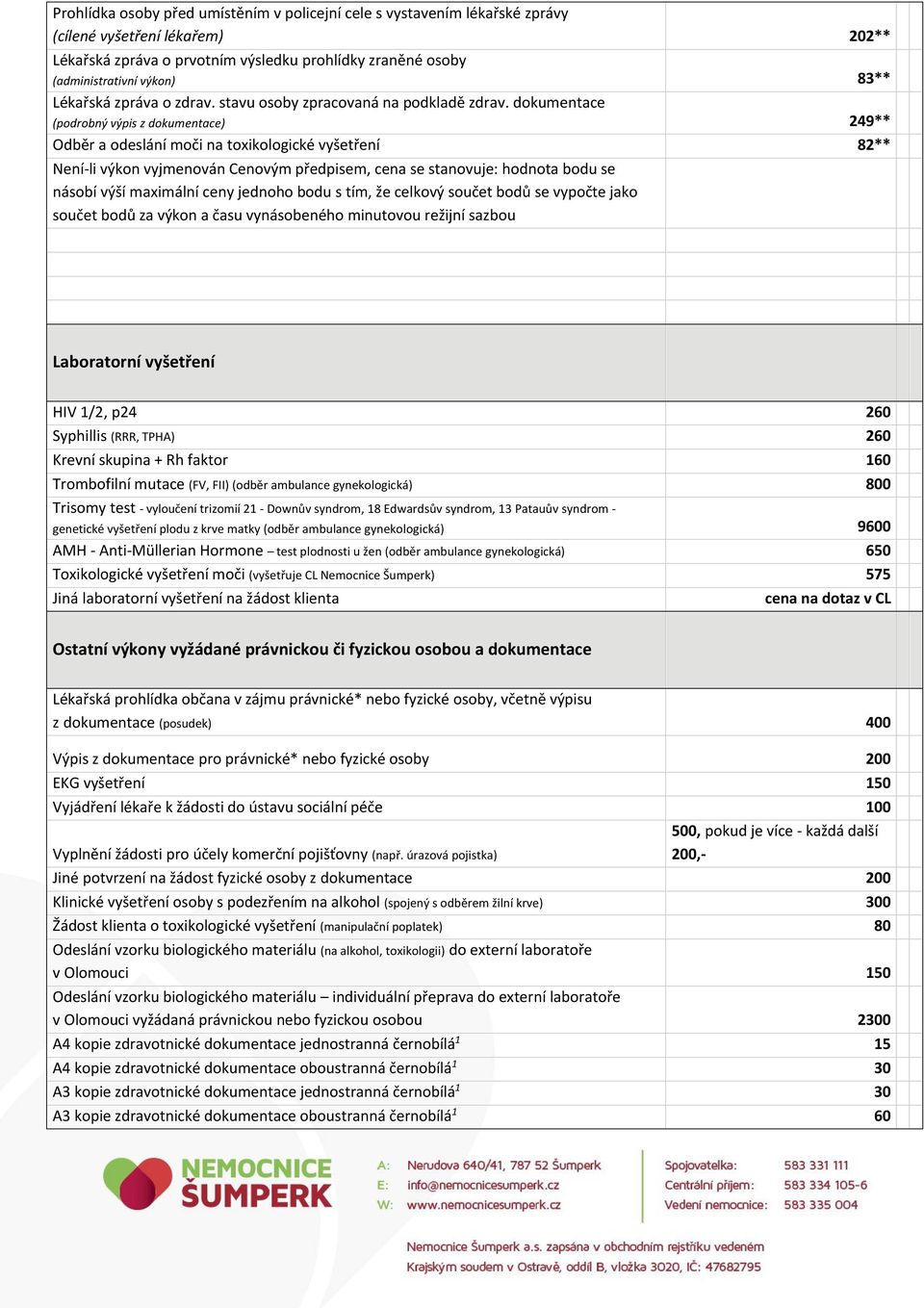dokumentace (podrobný výpis z dokumentace) 249** Odběr a odeslání moči na toxikologické vyšetření 82** Není-li výkon vyjmenován Cenovým předpisem, cena se stanovuje: hodnota bodu se násobí výší