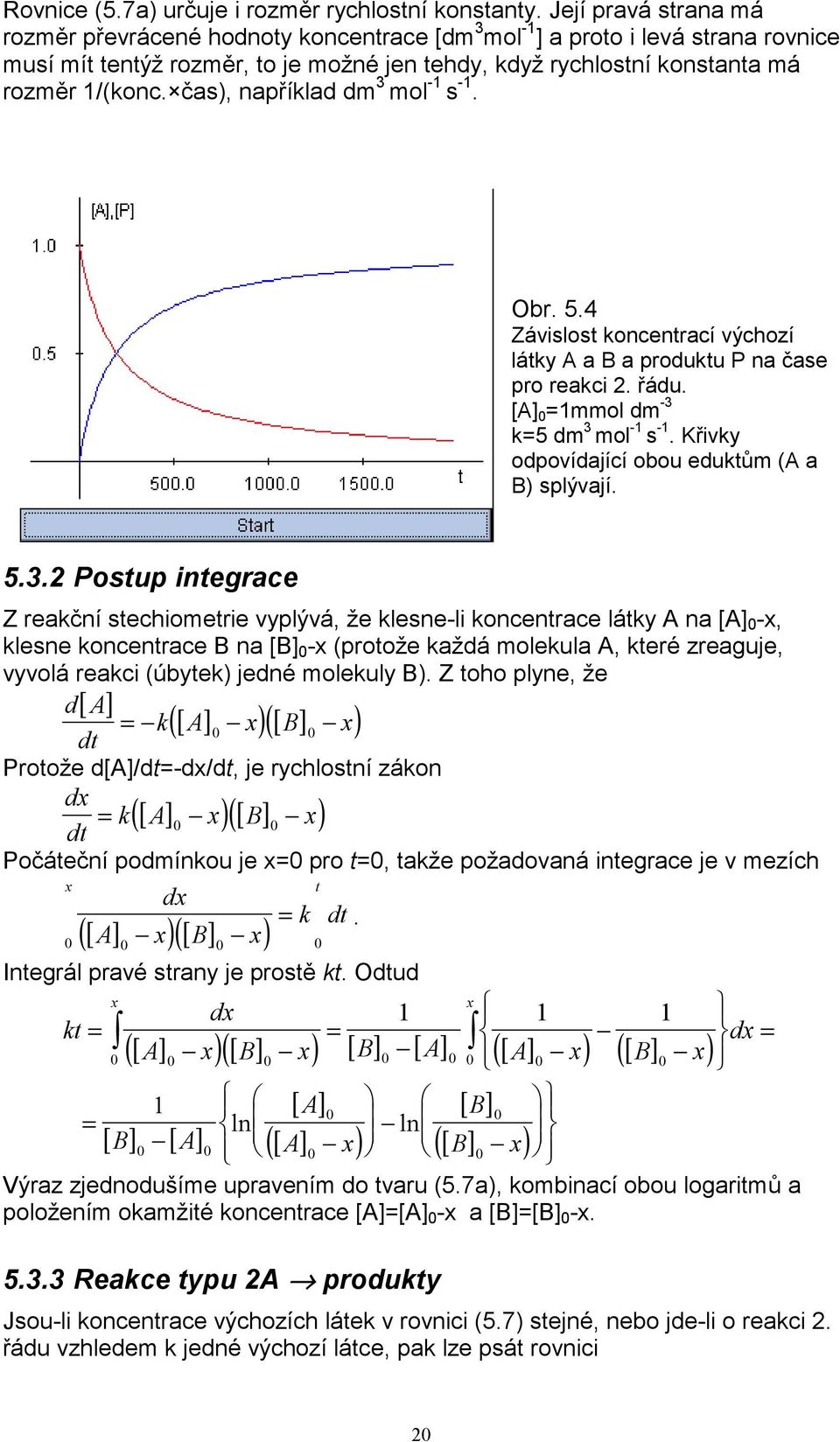 čs), npříld dm 3 mol - s -. Obr. 5.4 Závislost oncentrcí výchozí láty B produtu P n čse pro reci. řádu. [] =mmol dm -3 =5 dm 3 mol - s -. Křivy odpovídjící obou edutům ( B) splývjí. 5.3. Postup integrce Z reční stechiometrie vyplývá, že lesne-li oncentrce láty n [] -x, lesne oncentrce B n [B] -x (protože ždá moleul, teré zreguje, vyvolá reci (úbyte) jedné moleuly B).