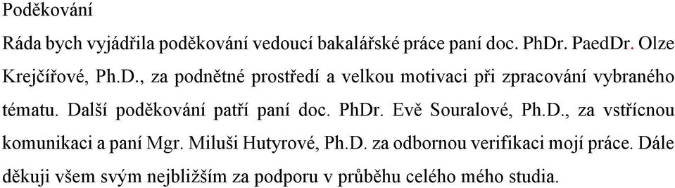 Další poděkování patří paní doc. PhDr. Evě Souralové, Ph.D., za vstřícnou komunikaci a paní Mgr.