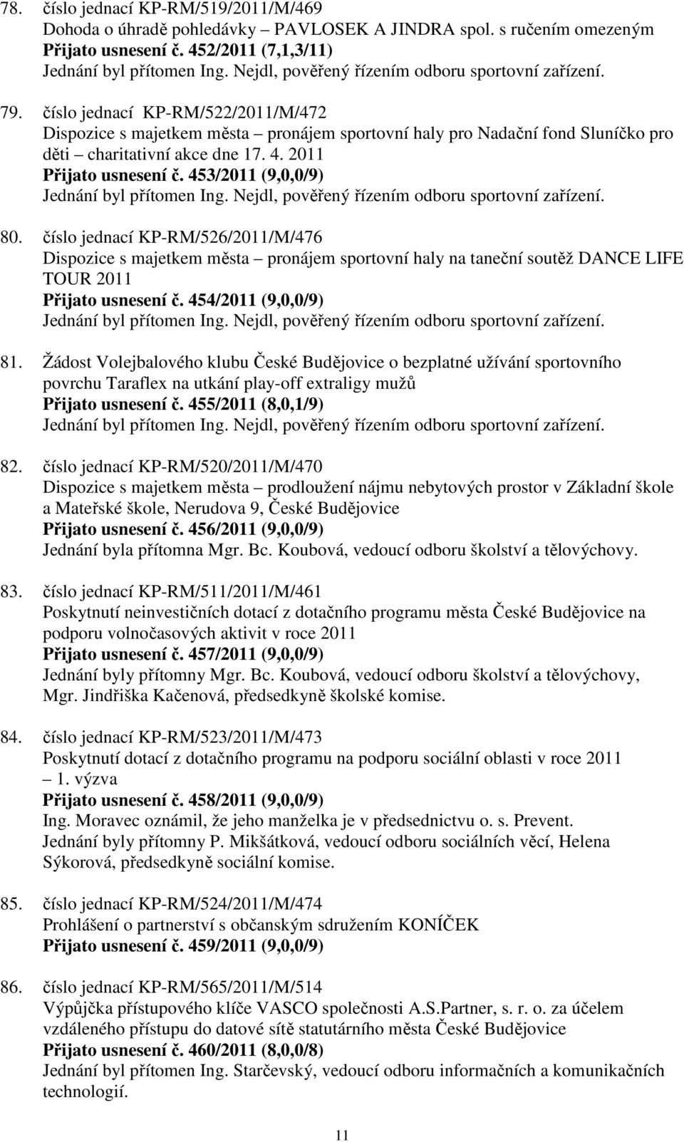 číslo jednací KP-RM/522/2011/M/472 Dispozice s majetkem města pronájem sportovní haly pro Nadační fond Sluníčko pro děti charitativní akce dne 17. 4. 2011 Přijato usnesení č.