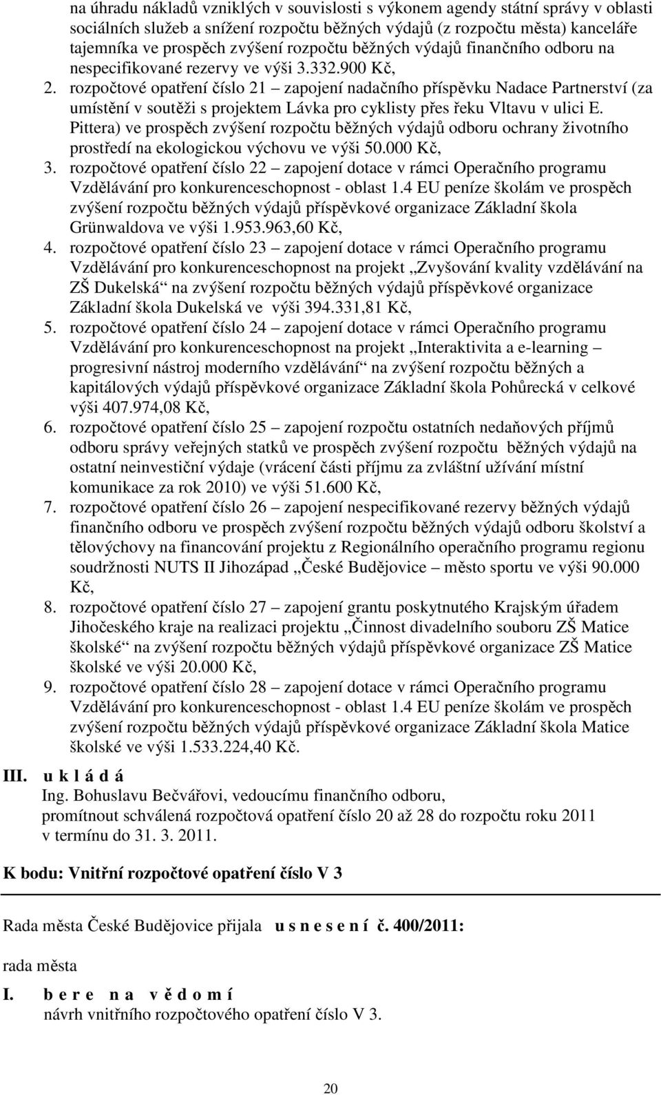 rozpočtové opatření číslo 21 zapojení nadačního příspěvku Nadace Partnerství (za umístění v soutěži s projektem Lávka pro cyklisty přes řeku Vltavu v ulici E.