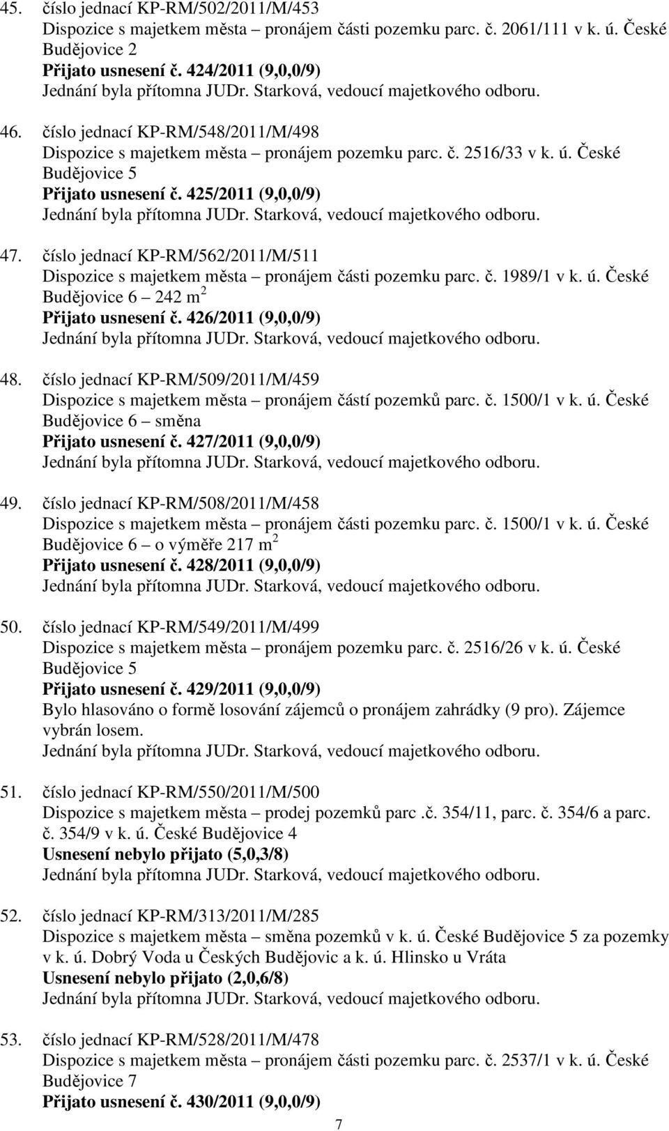 číslo jednací KP-RM/562/2011/M/511 Dispozice s majetkem města pronájem části pozemku parc. č. 1989/1 v k. ú. České Budějovice 6 242 m 2 Přijato usnesení č. 426/2011 (9,0,0/9) 48.